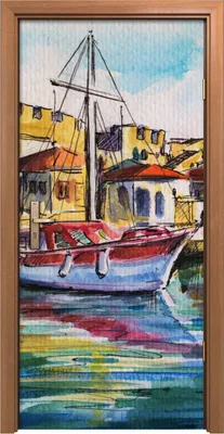 Produktbild von Türposter 90x200 cm Türaufkleber Türtapete Türfolie Klebefolie Deko  Landschaft mit Boot im Hafen