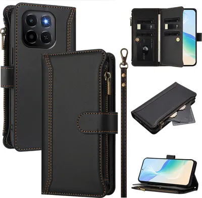 Immagine prodotto di Custodia per Honor X6C/X5B/X5B Plus, con cerniera, portafoglio in Finto cuoio con tasche per carte, supporto e passante per la mano nero