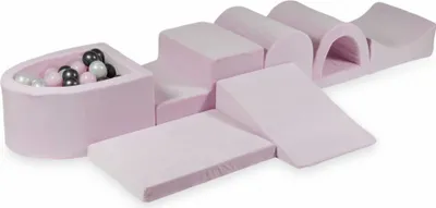 Produktbild von Größtes Schaumstoff-Spielset mit Mikro-Bällepool – Velvet Soft Hellrosa + 100 Bällebadbälle / Perlmutt, Babyrosa, Metallic-Graphit