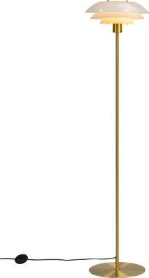 A floor lamp with a brass stand and a white tiered shade.