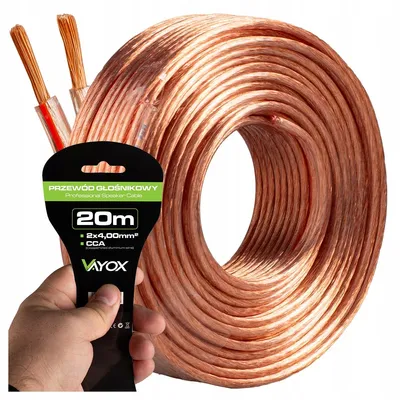 Zdjęcie produktu dla Kable głośnikowe Vayox, 2x4mm², 20m | Kabel audio CCA (miedź pokryta aluminium) do głośników, przeznaczony do systemów kina domowego i audio samochodowego | Wysokiej jakości, przezroczyste kable Hi-Fi