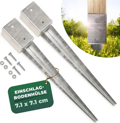 Produktbild von Novatool 2x Einschlagbodenhülsen-Set 71x71x750 mm, Bodenhülse Sonnenschirm Pfostenträger Zaunpfosten Holzpfosten Bodenhülsen Einschlaghülse Bodenanker Erdspieß zum Einschlagen, verzinkt, mit Schrauben