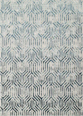 A close-up view of a rug with a geometric pattern.