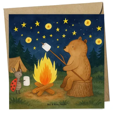 Produktbild von Mr. & Mrs. Panda Klappkarte Bär & Marienkäfer Lagerfeuer Design - Weiß - Geschenk, Teddybär, anlasskarte, Grußkarte, Glückwunschkarte, doppelkarte, faltkarte