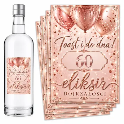Produktbild von Flaschenetiketten – zum 60. Geburtstag – „Eliksir Dojrzałości” – Rosa – 8 Stück