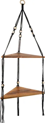 Produktbild von Eckregal zum Aufhängen an der Wand, Bohemia, handgefertigt, Baumwollseil, 2 Ebenen, runde Perlen, rustikale Heimdekoration, dreieckiges Lagerregal, Holzplatte, Bastelständer