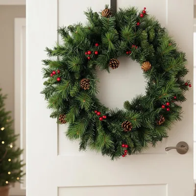Produktbild von Künstlicher Weihnachtskranz 60 cm – Realistische Tannenzweige mit roten Ilex-Beeren & Tannenzapfen Deko-Kranz
