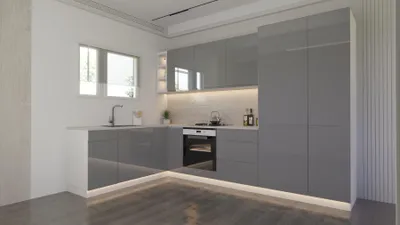 Produktbild von Winkelküche – Eckküche – Küchenzeile L-Form – Komplettküche – Küchenzeile – Velmora – KÜ05-A – 300 x 180 cm – Grau Hochglanz Ohne Arbeitsplatte
