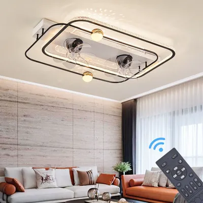 A modern living room with a ceiling fan and light fixture.