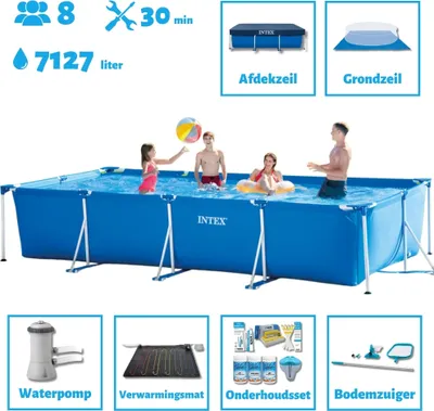 Immagine prodotto di Piscina Intex con struttura rettangolare - 450 x 220 x 84 cm - blu - include telo di copertura - copertura del terreno - pompa filtro per piscina - tappetino solare - pacchetto manutenzione - kit pulizia