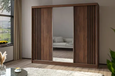 Produktbild von Masseno Schiebetürenschrank NELVIA 240/216/61 cm Modern Kleiderschrank 3-türig mit Spiegel Nussbaumfarben