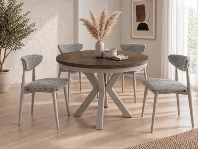 Produktbild von Runder Ausziehbarer Esstisch im Loft-Stil - Industrieller Tisch mit Grau-Beige Kaschmir Metallbeinen - Platzsparender Tisch für Wohnzimmer - Lefkas Eiche - 120 bis 200 cm