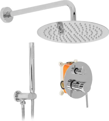 A set of chrome shower fixtures, including a rain shower head, a handheld shower head with hose, and a concealed shower valve.