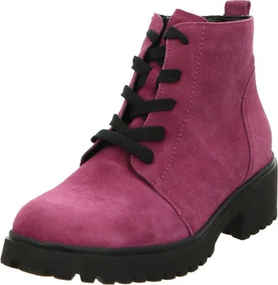 A single pink boot with black laces and a black sole is shown against a white background.