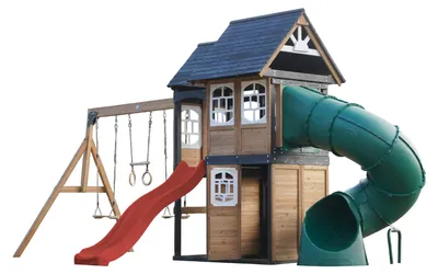 Produktbild von AXI Noud Spielturm aus Holz mit 2 Schaukeln & Rutsche in Rot & Röhrenrutsche | XXL Spielhaus / Spielplatz für Kinder mit Klettergerüst & Trapez |