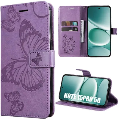 Image de Coque pour Xiaomi Redmi Note 15 Pro 5G, Cuir Synthétique Antichoc Motif Papillon Violet