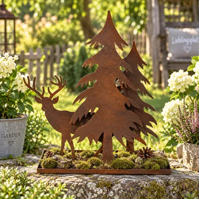 Produktbild von Bornhöft Metall Hirsch Waldszene mit Tannenbäumen Edelrost Gartendeko