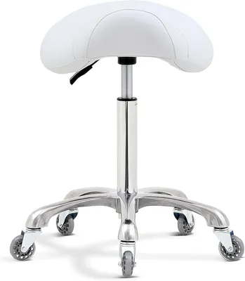 Productafbeelding van Zadelstoel voor massagesalons, spa's en kapperszaken. Zadelstoel met wielen, verstelbare hoogte (wit)