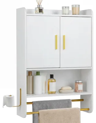 Produktbild von COSTWAY Badezimmerschrank, Hängeschrank mit 2 Türen, offener Ablage, Handtuchhalter,  verstellbarem Einlegeboden&Haken, Badschrank, 55x20x80cm Weiß