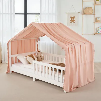 Produktbild von Hausbett-Vorhang LIAN 1 Stück, Rosa – aus doppellagigem Musselin mit Pompons an den Seiten, 6 Schlaufen zum Befestigen, Bett Deko für Kinderzimmer, weich & atmungsaktiv