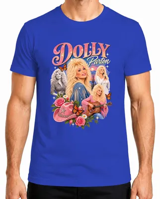 Immagine prodotto di T-shirt da uomo, blu, taglia S, con la scritta "Dolly Parton", cantante di musica country, immagine di cowgirl, chitarra western, stile retrò