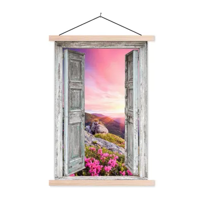 Produktbild von MuchoWow® Textilposter Berge - Landschaft - Aussicht - Blumen 120x180 cm mit holzfarbenen Rahmen - Textil-Plakat
