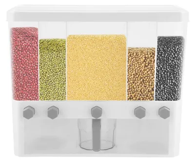 Produktbild von Müsli- und Getreidespender - Vorratsbehälter mit 5 Fächern - Fassungsvermögen 15 kg - Messbecher inklusive - Maße 42×19,5×35,2 cm - Weiß