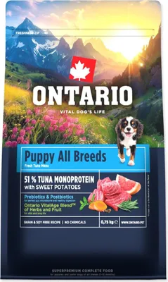 Obrázek produktu pro Ontario Puppy & Junior All Breeds Monoprotein Tuňák a sladké brambory 0,75kg