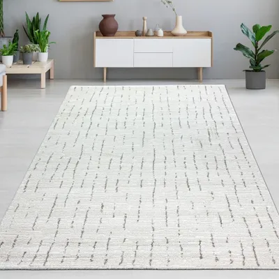 Obrázek produktu pro Koberec do obývacího pokoje, ložnice, měkká linka, vzor - krémová s šedými pruhy, velikost - 140 x 200 cm