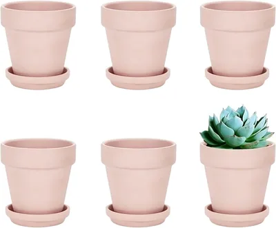 Imagen del producto de Macetas de terracota, juego de 6 unidades, con orificio de drenaje y platillos, de 8 cm de diámetro, ideales para balcones y jardines