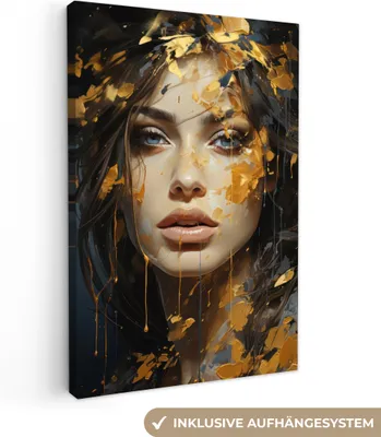 Produktbild von MuchoWow® - Leinwandbilder - Frau - Porträt - Abstrakt - Kunst - Gold, Wandbild, Wanddeko Bilder Wohnzimmer, 60x90 cm