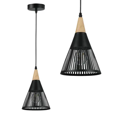 Produktbild von MasterLED Pendelleuchte Hira, 1-flammig E27, skandinavisch, schwarz und holz, Ø18 cm, Hängelampe Metall