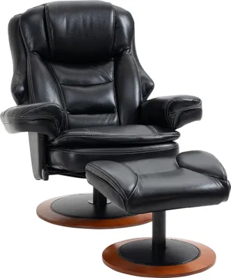 Produktbild von HOMCOM Relaxsessel mit Hocker Fernsehsessel mit Liegefunktion, Drehbarer TV-Sessel mit Holzsockel, Liegesessel bis 150 kg belastbar für Wohnzimmer, Kunstleder, Schwarz