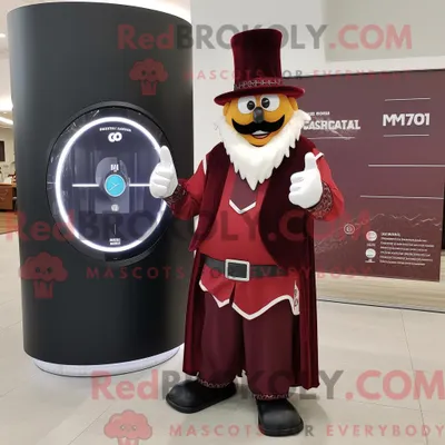 Produktbild von Maskottchen REDBROKOLY eines kastanienbraunen Zirkusdirektors mit Wickelrock und Digitaluhren