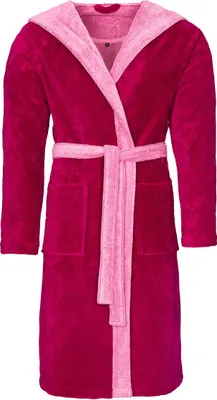 A pink hooded bathrobe with a pink belt.