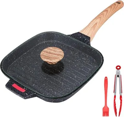 Produktbild von Unyqoos® Grillpfanne mit Deckel 21 cm – Aluminium Steakpfanne mit Antihaftbeschichtung, abnehmbarer Bakelit-Griff, induktionsgeeignet, schwarz