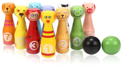 Obrázek produktu pro Dřevěná bowlingová sada, 10 kuželek, 2 koule, vzdělávací hračka pro děti