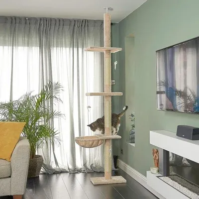 Productafbeelding van Unyqoos® kattenhangmat voor de Runesol krabboom (vloer-plafond), bekleed met beige pluche kunstbont, hangstoel met een diameter van 40 cm, extra dikke metalen frame van 8 mm