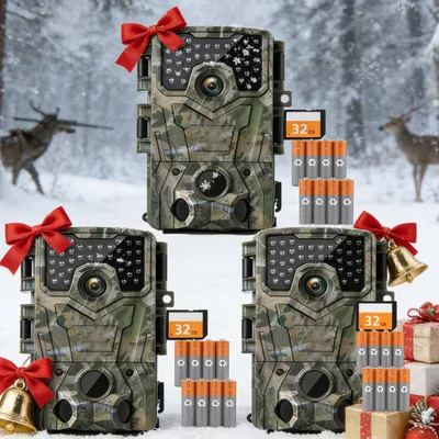 Produktbild von 3 Stück Wildkamera mit 32GB Speicherkarte AA-Batterien 4K Video 48MP Wildtierkamera Nachtsicht Bewegungsmelder Jagdkamera 120° Weitwinkel