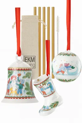 Produktbild von Set: Hutschenreuther Weihnachtsglocke, Weihnachtskugel & Porzellanstiefel 2025 „Weihnachtsspiele“ + Edelstahl Trinkhalme 4er Set (gratis) | EAN 4011699895361, 4011699895378, 4011699895392