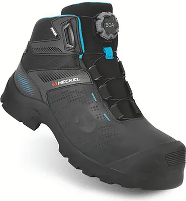 A black and blue work boot with a BOA lacing system.