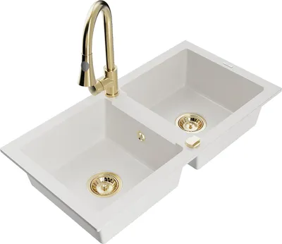 Immagine prodotto di Mexen Mario lavello in granito a 2 vasche con rubinetto da cucina Elia, bianco - 6504-20-670101-50