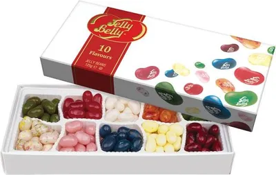 Produktbild von Jelly Belly 10 Flavour Gift Box, Gummibärchen, 125 g, Apfel, Heidelbeere, Kirsche (Frucht), Kokosnuss, Fruits, Pfirsich, Wassermelone, Mehrfarbig, 1530 kJ, 360 kcal