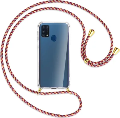 Produktbild von Handykette Backcover-Schutzhülle mit Band (Metall goldfarben) für Samsung Galaxy M31 - weinrot/gelb/grau