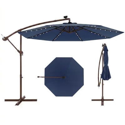 Zdjęcie produktu dla Parasol COSTWAY φ300cm, parasol wspornikowy z 40 lampami solarnymi LED i korbką, parasol ogrodowy, parasol rynkowy, parasol tarasowy granatowy