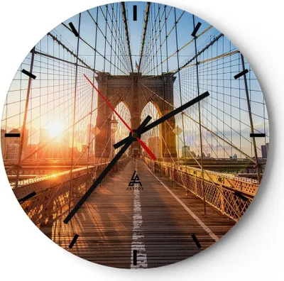 Produktbild von Wanduhr - Rund - Glasuhr - New York Brücke - 30x30cm - Schleichendes Uhrwerk - Lautlos - zum Aufhängen bereit - Dekoration Modern - Wanddekoration aus Glas - C3AR30x30-3707