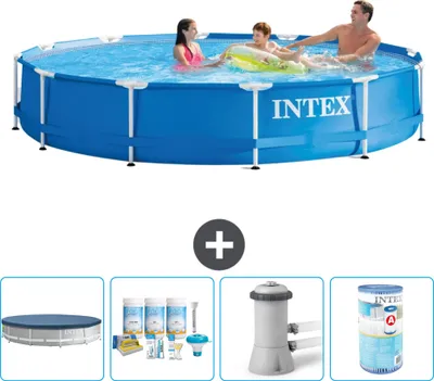 Produktbild von Intex-Schwimmbecken mit rundem Rahmen – 366 x 76 cm – Blau – im Lieferumfang enthalten Abdeckung - Wartungspaket - Filterpumpe für Schwimmbad - Filter