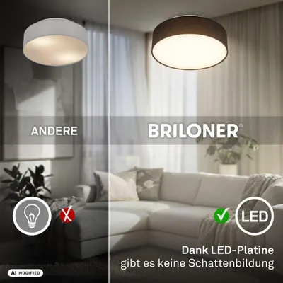Image de Briloner Plafonnier LED abat-jour en tissu Ø30x10,5 cm rond 16W 1800lm 3 000K blanc chaud noir - Lustre salon chambre cuisine couloir
