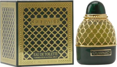 Gold-grüne Verpackung von Guépard Eau de Toilette für Damen neben passendem Flakon mit grünem Glas, goldenem Gitterdesign und dunkelgrünem Deckel.