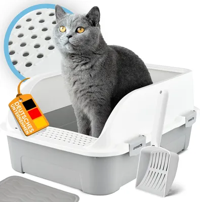 Produktbild von CROPLAS Katzenklo offen hoher Rand, Katzenklo ohne Deckel, Katzentoilette offen mit Katzenklo Matte und Katzenklo Schaufel Cat Litter Box, Schalentoilette Katze, Katzen klo, weiß